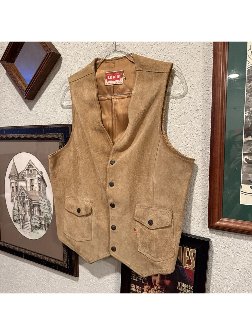 Vintage 60s/70s RARE Levis Tan Suede Western Disco USA Vest Mens Medium